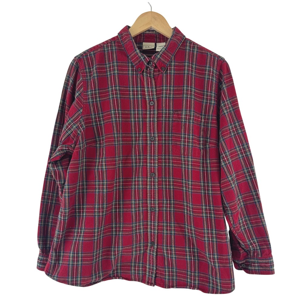 VTG! LL Bean Mens 1X Red Plaid Flannel Button Down Shirt Cotton Classic 278975